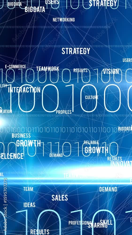Poster animation of network of connections with digital words over binary coding in background