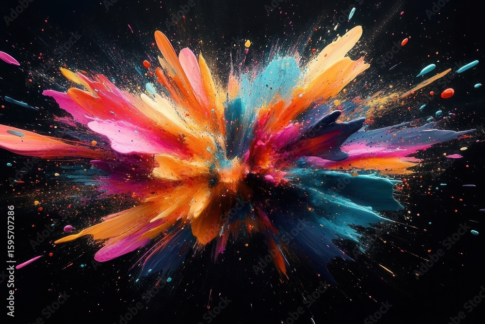 Aufkleber vibrant explosion of multicolored paint splashes dynamically spreading outward on a black background