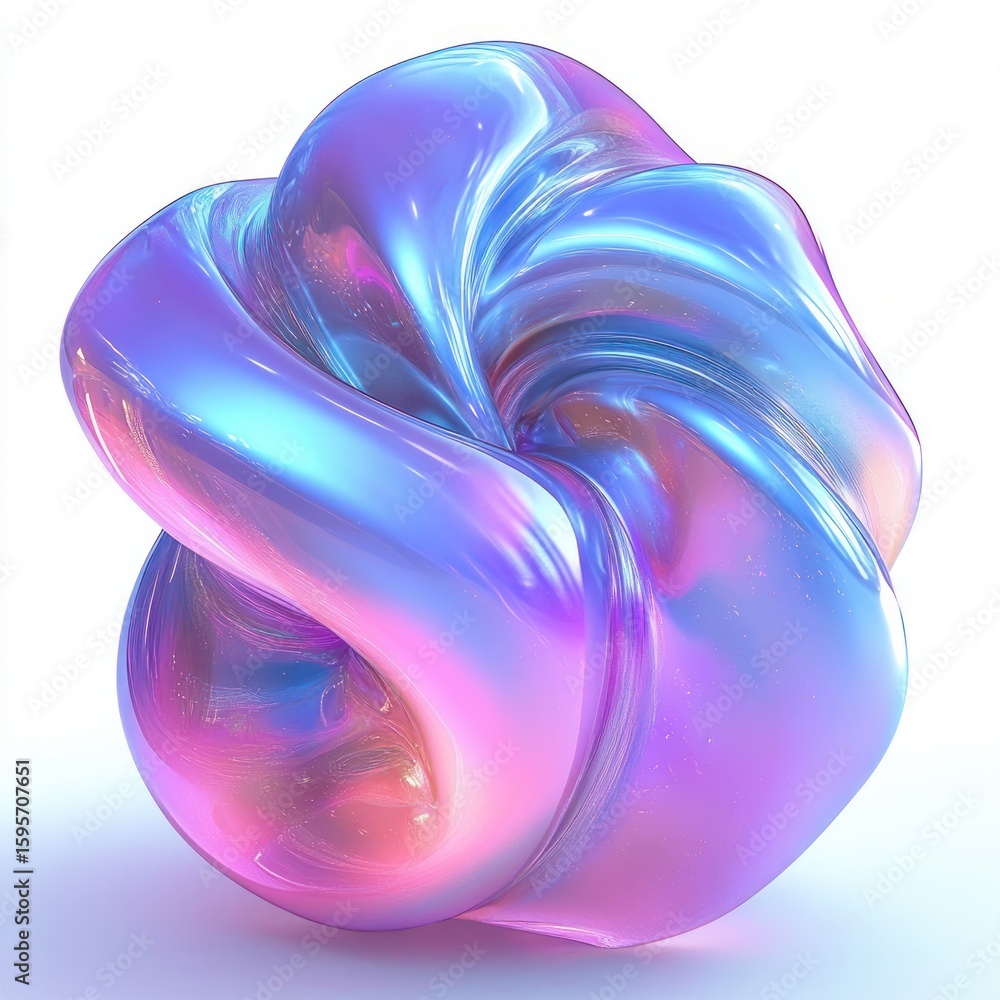 Poster abstract shiny iridescent twisted knot-like shape with smooth reflective surface in blue and pink hu