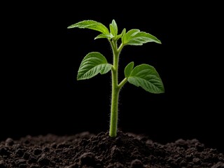 Hyperrealistic tomato plant seedling, two perfectly formed true leaves, fuzzy stem, cotyledons still present, tiny soil particles clinging to fine roots, vibrant growth, plain black background