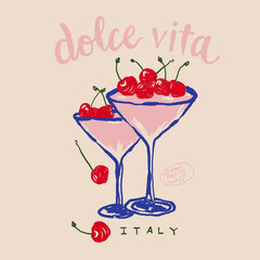 Hand drawn vector dolce vita illustration. cherry print design. Art for t shirt design, women's fashion, greeting cards, branding, logo design. Matisse style illustrations.