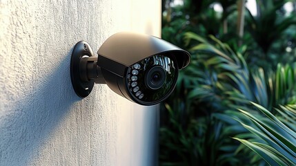 modern black security camera mounted on white wall with green foliage background indicating surveillance and outdoor protection