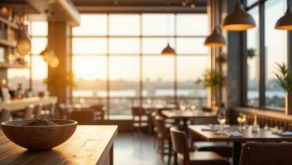 Fototapeta premium Elegant Restaurant Interior with Warm Sunset Lighting and Urban Cityscape View