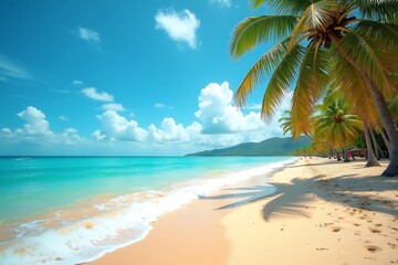 A sandy beach with turquoise waves and palm trees, styled for travel or resort promotions
