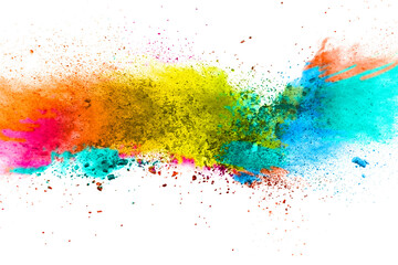 Fototapeta premium Multicolor powder explosion on white background. Colored cloud. Colorful dust explode. Paint Holi.abstract multicolored dust splatter on white background