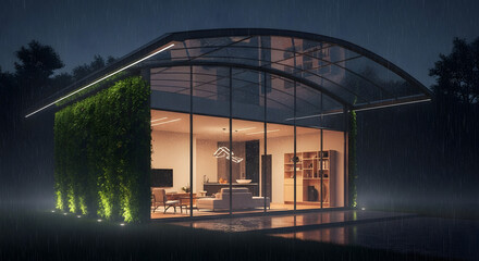 Fototapeta premium Modern Glass House in the Rain