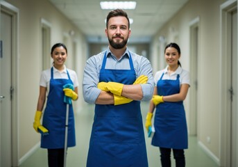 The cleaning staff is ready to service a hallway wearing aprons and gloves, looking confident and smiling.