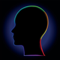 Profile silhouette of a human head surrounded by multiple colors (blue, green, red, orange, purple, yellow), space to add elements, logos, and icons that help reflect innovative ideas and futurism