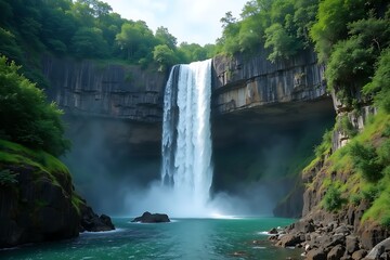 A majestic waterfall cascading down a rocky cliff with lush greenery, ideal for nature ads