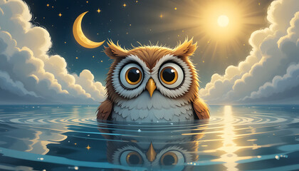 Dreamy Night Owl: A whimsical, enchanting illustration of an owl standing serenely in water under the soft glow of moonlight and sunlight. Embodying serenity and wonder.