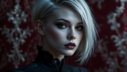 Mysterious Beauty: A portrait of a woman with pale skin, stunning dark eyes, and platinum blonde hair, the subject's intense gaze piercing through the lens