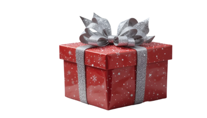 Red christmas gift box with silver ribbon and bow for holiday present giving and special occasion celebration isolated on transparent background