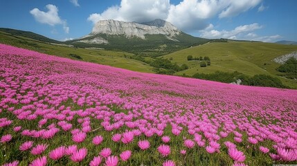 Fototapeta premium Pink flower field, mountains, sunny day