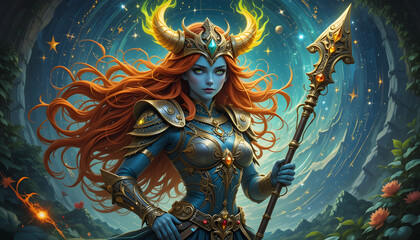 Mythical Enchantress: A captivating artwork presents a celestial, otherworldly woman, with flowing red hair, intricate armor, and holding a radiant spear.