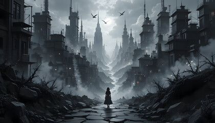 Gloomy Urban Enigma: A lone figure stands amidst the ruins of a haunting city, its towering structures shrouded in an ominous mist, evoking a sense of desolation and mystery.