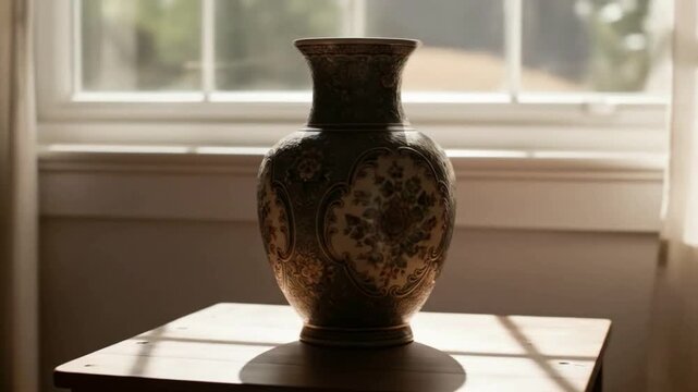 Ornate vase sits on wooden table, sunlight streams through window.