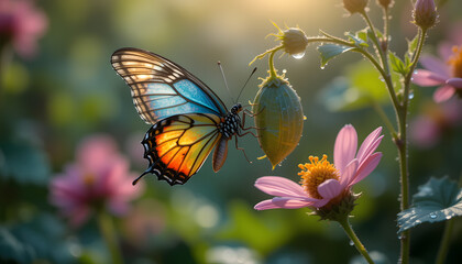 Butterfly and Blooming: A vibrant butterfly gracefully perches on a flower, with its colorful wings open, bathed in soft sunlight, creating a serene, picturesque moment.