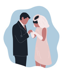 Wedding Ceremony. Groom and Bride at Wedding Day. Exchanging Wedding Rings. Happy Wedding Day Concept. Greeting Card, Invitation Template. Bride in Pink, Groom in Black. Vector Illustration