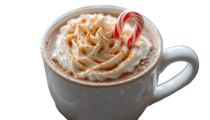 Delicious hot chocolate with whipped cream and candy cane perfect for winter and christmas holidays season isolated on transparent background