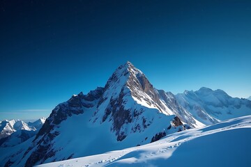 A snow-covered mountain peak under a starry night sky, perfect for adventure or winter ads