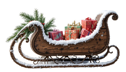 Christmas sleigh with gifts presents winter snow holiday season festive decoration and christmas tree branch isolated on transparent background