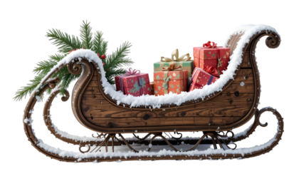 Christmas sleigh with gifts presents winter snow holiday season festive decoration and christmas tree branch isolated on transparent background
