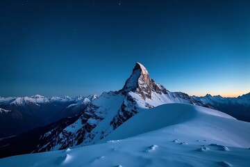 A snow-covered mountain peak under a starry night sky, perfect for adventure or winter ads