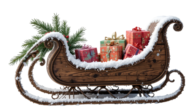 Christmas sleigh with gifts presents winter snow holiday season festive decoration and christmas tree branch isolated on transparent background