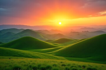 A rolling green hill under a vibrant sunset, styled for travel or eco-friendly campaigns