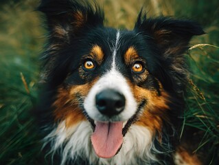 A happy tri colored Border Collie dog looks up at the camera with its tongue hanging out in green grass.