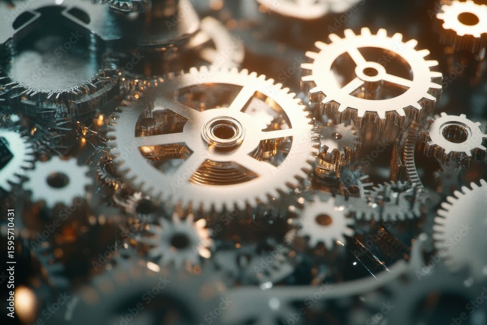 Poster explore the mechanics, intricate gears and cogs system with precision theme