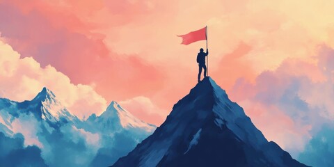 Achieve top, Silhouette Person Raises Flag On Mountain Peak under Sky Art.