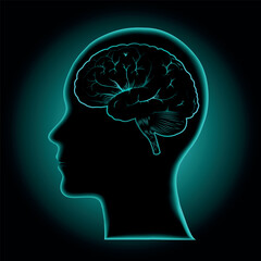 Fototapeta premium Profile silhouette of a human head surrounded by green color similar to a scanner and X-ray with a glowing brain. Design for studies in medicine, artificial intelligence, science and technology