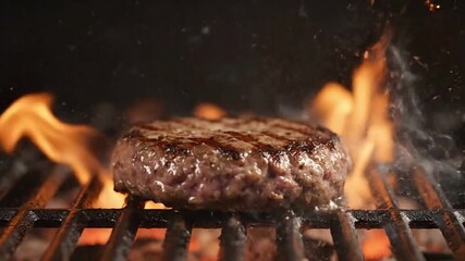 A ground meat patty grills on a cast iron grate over a gas flame with hot fat popping off the meat