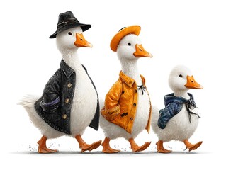 Fototapeta premium Three adorable ducks dressed in stylish outfits stroll together against a clean white studio background.