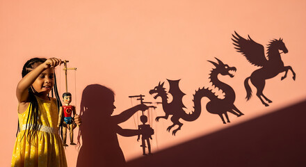A young girl plays with shadow puppets of mythical creatures on a peach-colored wall.