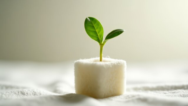 New sprout growing in hydroponic rockwool cube