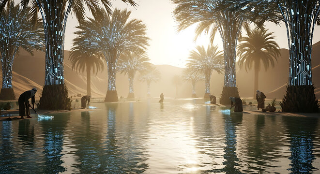 Serene oasis: futuristic palm trees illuminate a tranquil desert waterway at sunset, figures gather near the water's edge. - Powered by Adobe