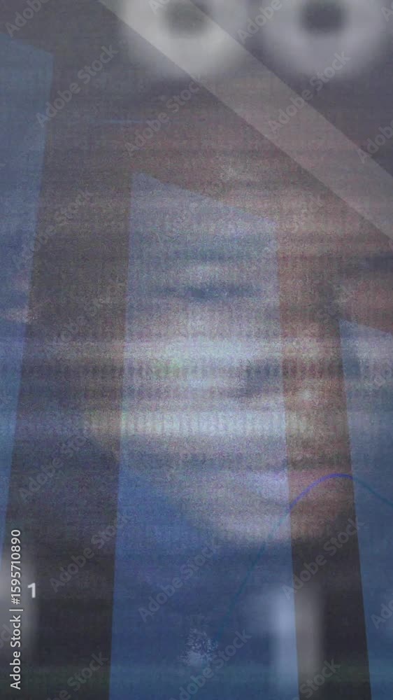 Poster binary code and financial graph animation over blurred face in background
