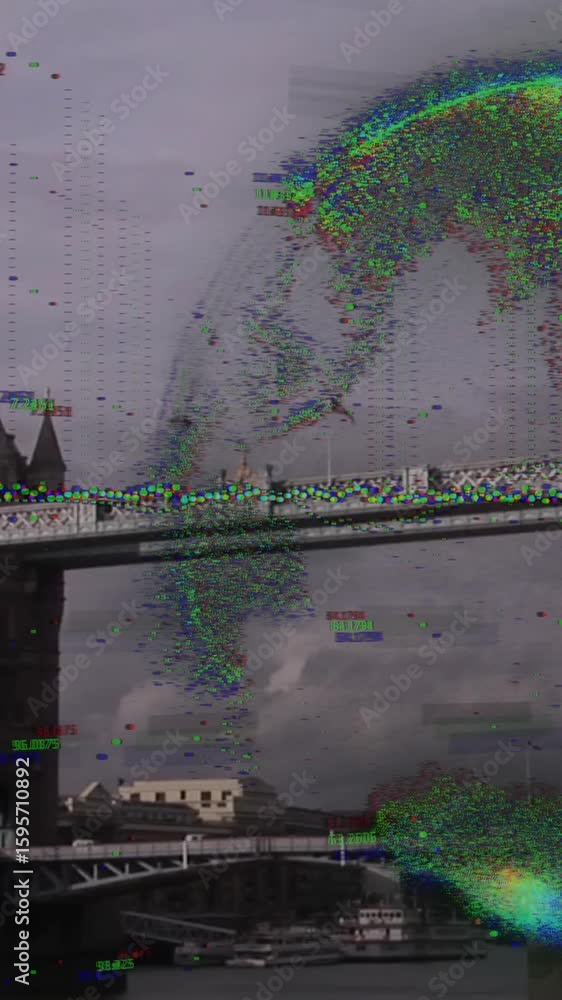 Poster tower bridge with digital glitch and colorful data processing animation overlay