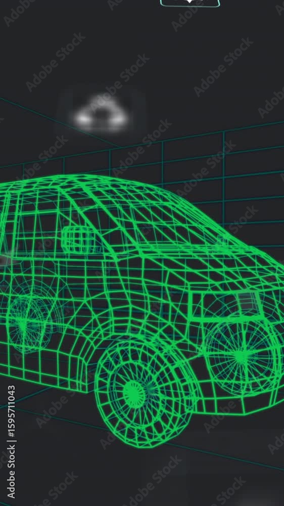 Poster animation of green wireframe van with digital icons surrounding in school setting