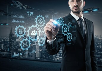 A businessman uses a digital interface to manage data and visualize information.