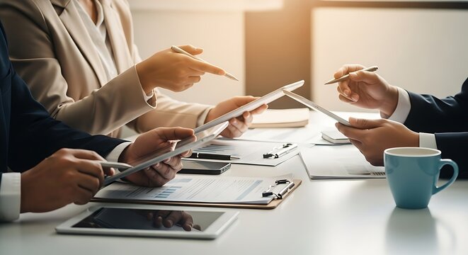 Collaborative Business Meeting: Analyzing Data and Strategies on Tablets,Teamwork in a Bright Office: Discussing Financial Reports and Growth Plans