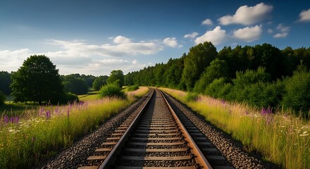 Obraz premium Scenic train tracks stretch toward the horizon on a clear summer day