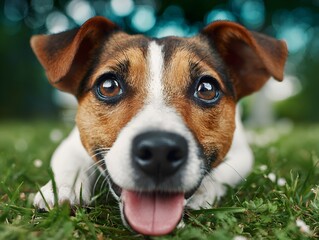 Adorable Jack Russell Terrier with brown and white fur playfully lies on green grass looking upward eagerly.