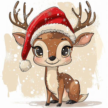 Cute cartoon illustration of a baby reindeer with big eyes in a santa hat with a snowy background.