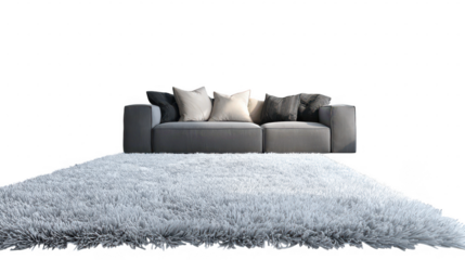 Gray sofa with pillows on fluffy white carpet background image