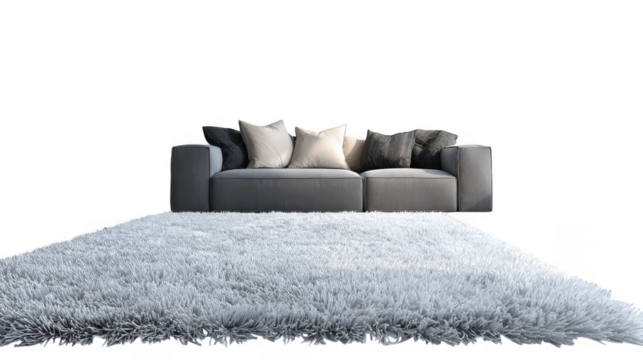 Gray sofa with pillows on fluffy white carpet background image