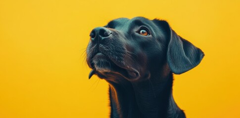 Black Dog Looks Upward on A Yellow Background, with a Curious Look