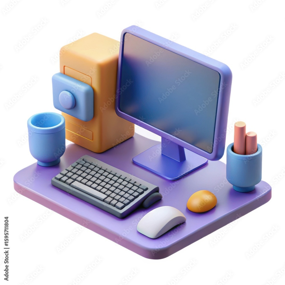Fototapete stylized 3d computer setup with monitor keyboard mouse and desktop isolated on white background